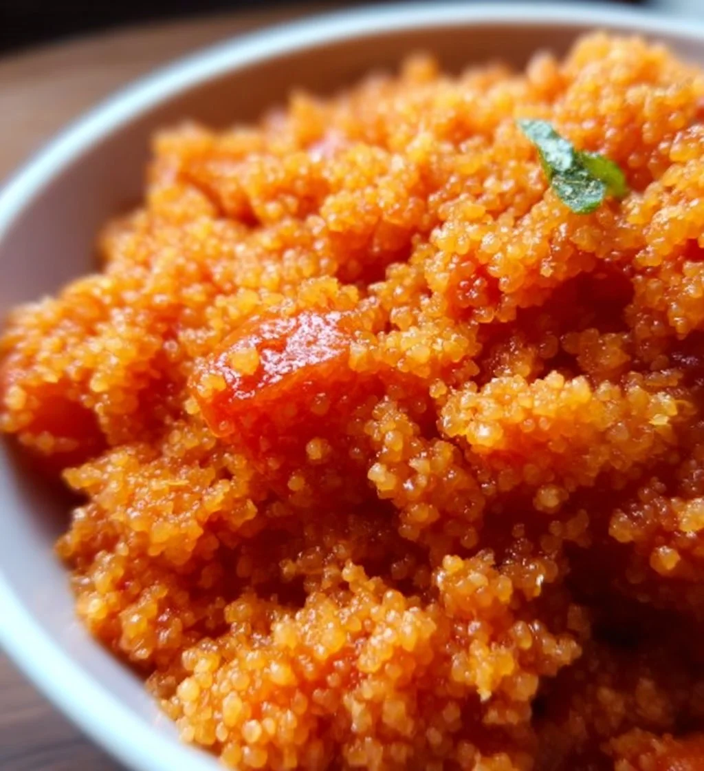 Bowl of vibrant Tomato Couscous garnished with herbs and vegetables.
