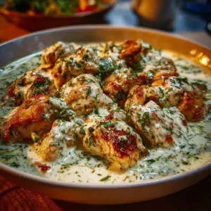 Delicious Turkish chicken recipe with creamy white sauce served on a plate.