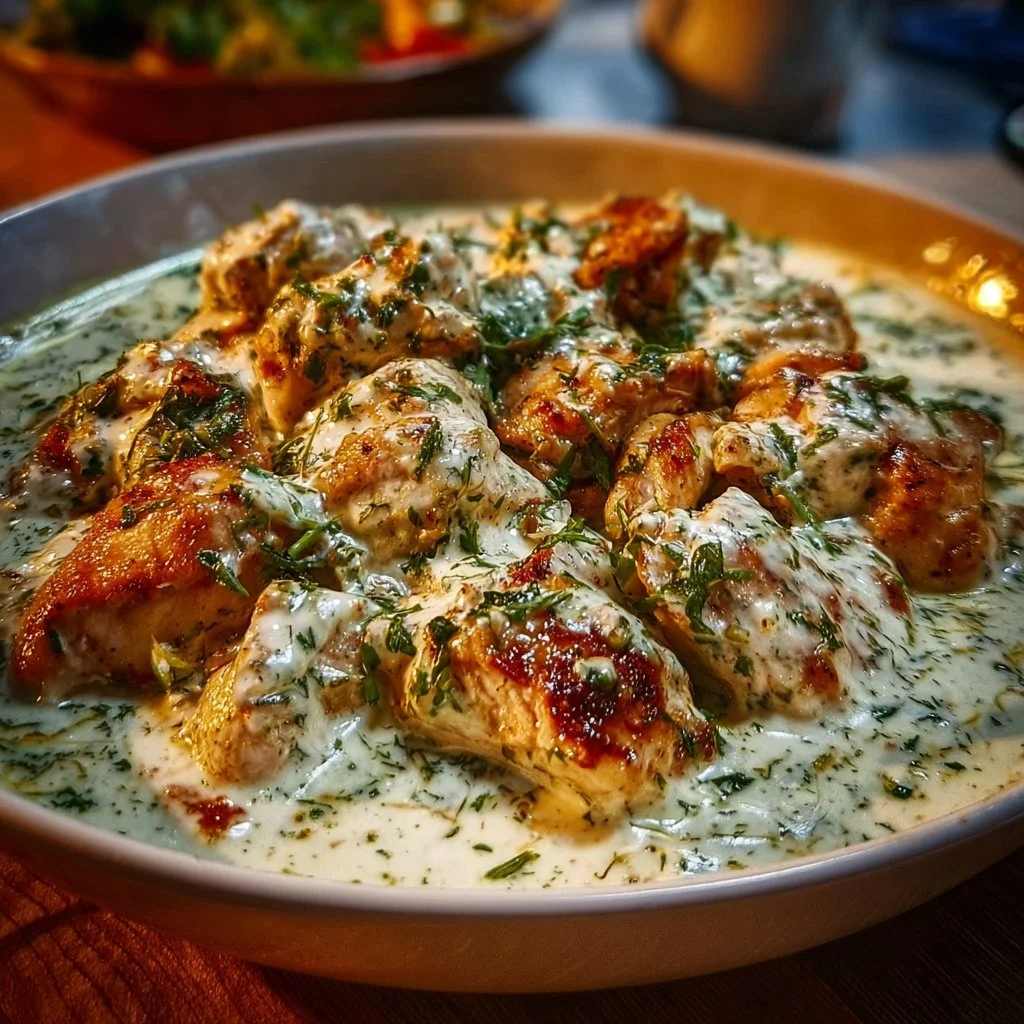 Delicious Turkish chicken recipe with creamy white sauce served on a plate.