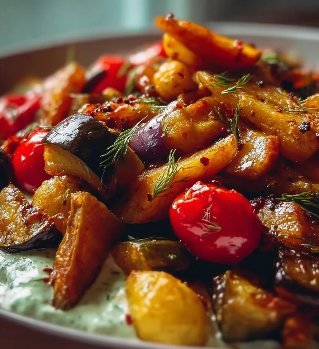 Vegan Mediterranean Bowl with colorful roasted vegetables