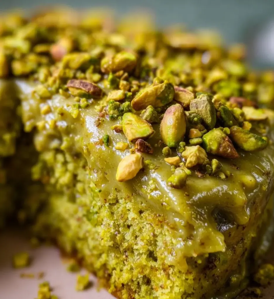 Delicious Vegan Pistachio Cake topped with crushed nuts and vibrant green colors