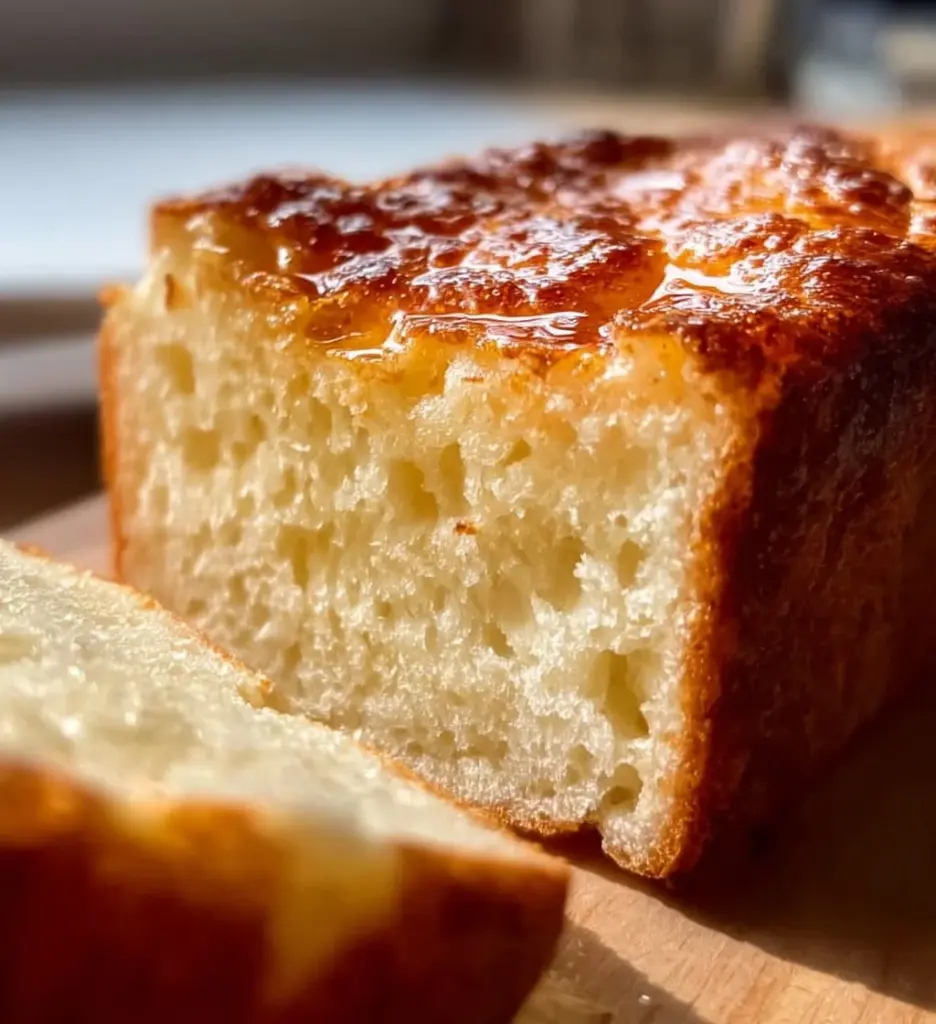 Loaf of zero carb yogurt bread on a cutting board with fresh ingredients
