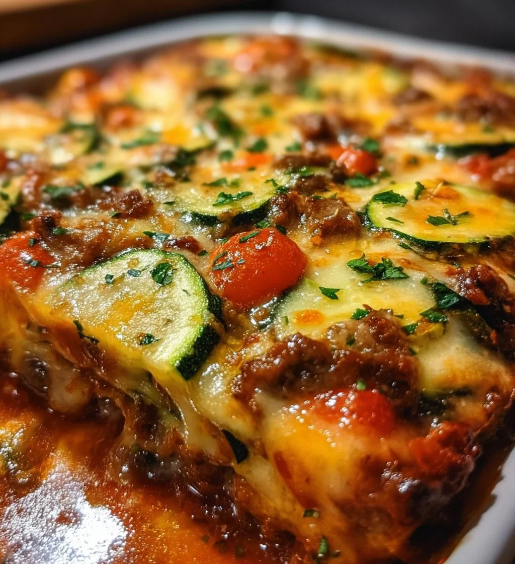 Zucchini Pizza Casserole baked dish topped with cheese and vegetables