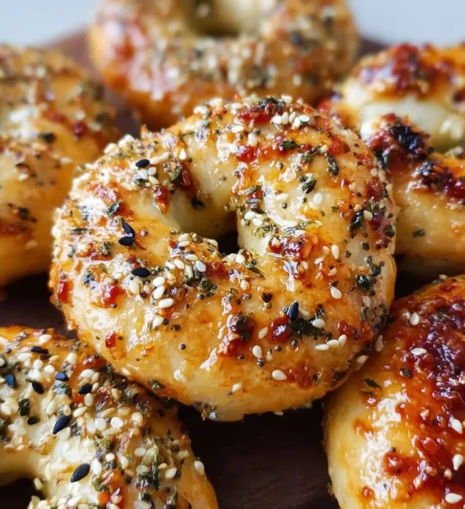 Freshly made 3 ingredient air fryer bagels on a wooden board