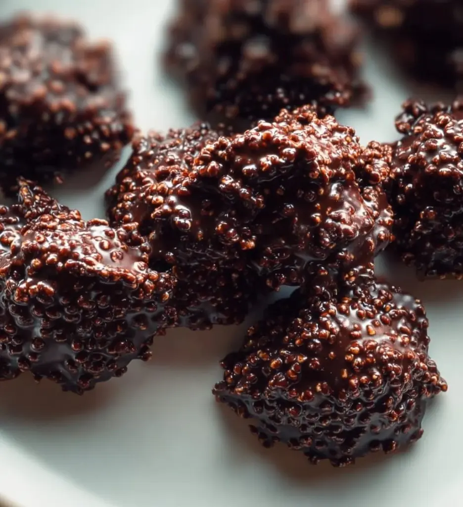 3-Ingredient dark chocolate quinoa crisps on a plate garnished with nuts
