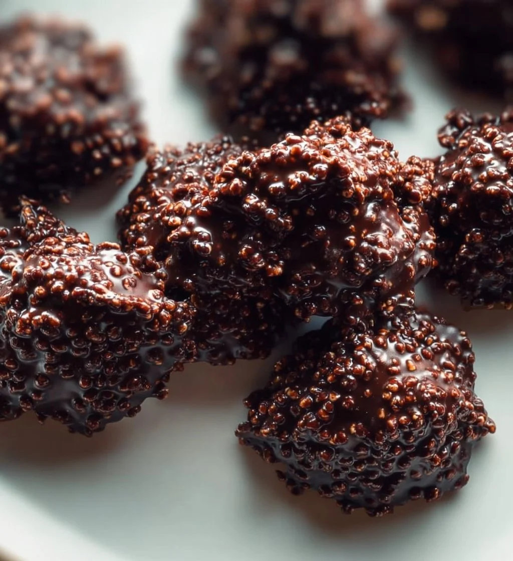 3-Ingredient dark chocolate quinoa crisps on a plate garnished with nuts