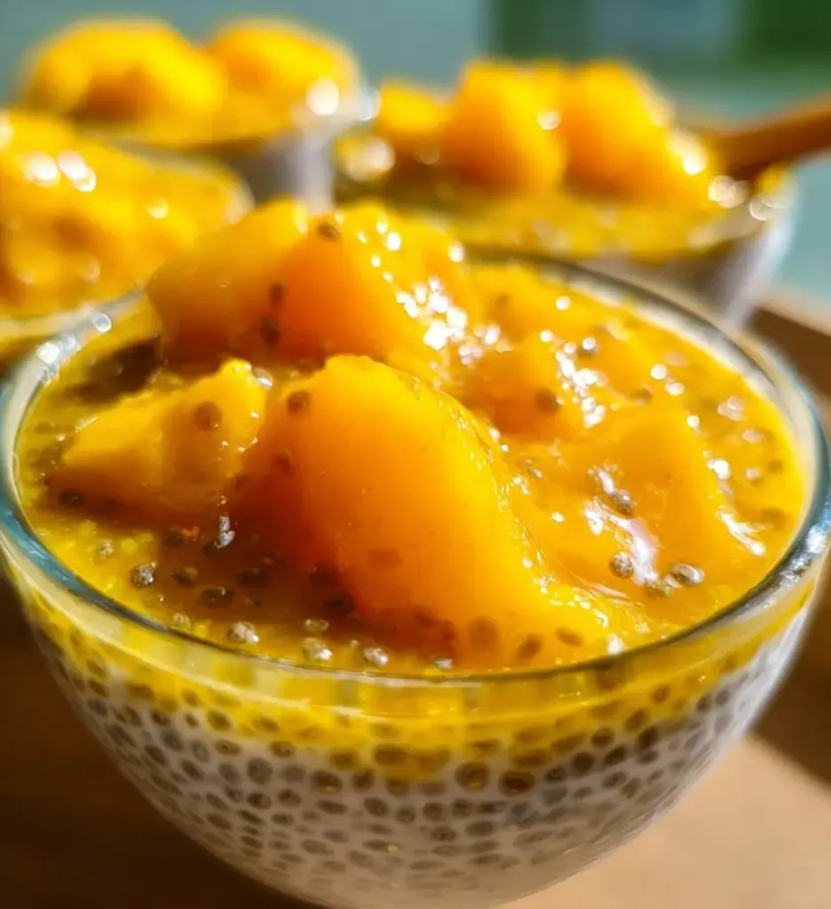 Four ingredient mango chia pudding cups in clear glasses topped with fresh mango.