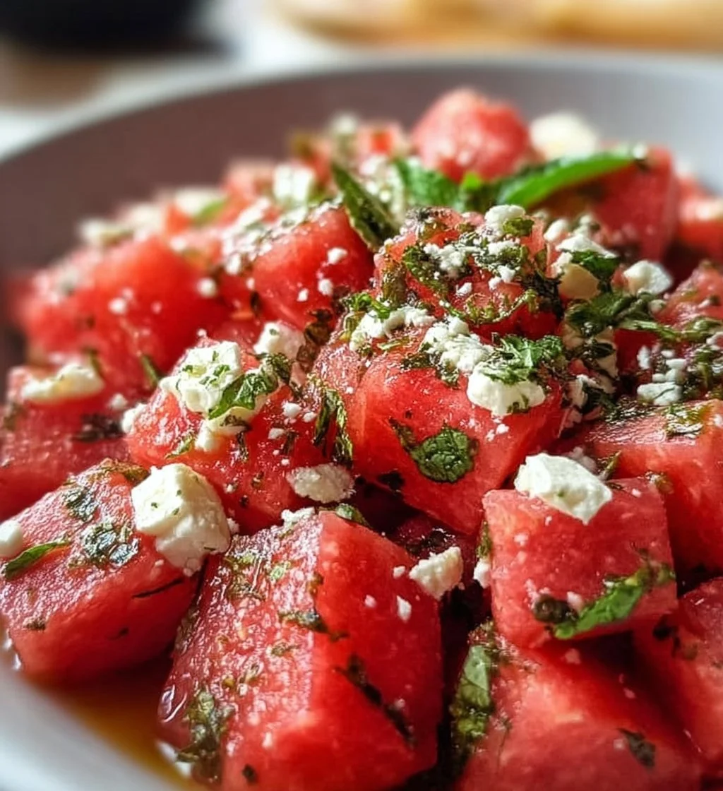 Refreshing watermelon feta salad served in a bowl, perfect for summer meals.