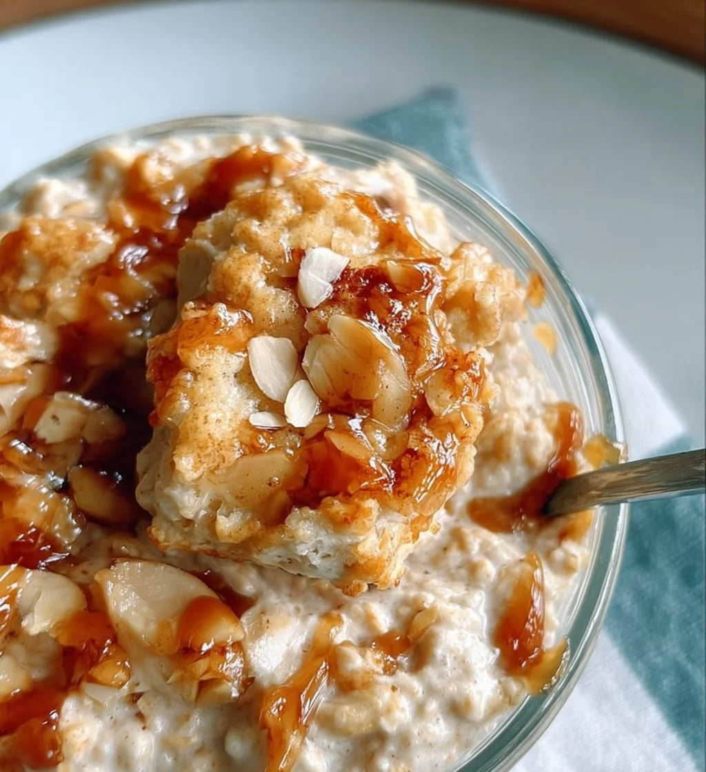 Almond Croissant Overnight Oats in a bowl topped with sliced almonds and berries