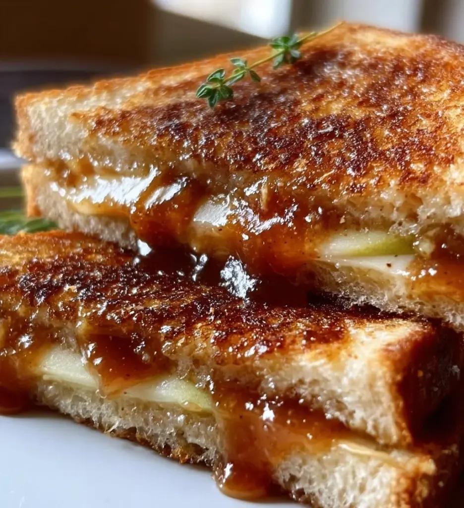 Apple butter and brie grilled cheese sandwich on a plate.