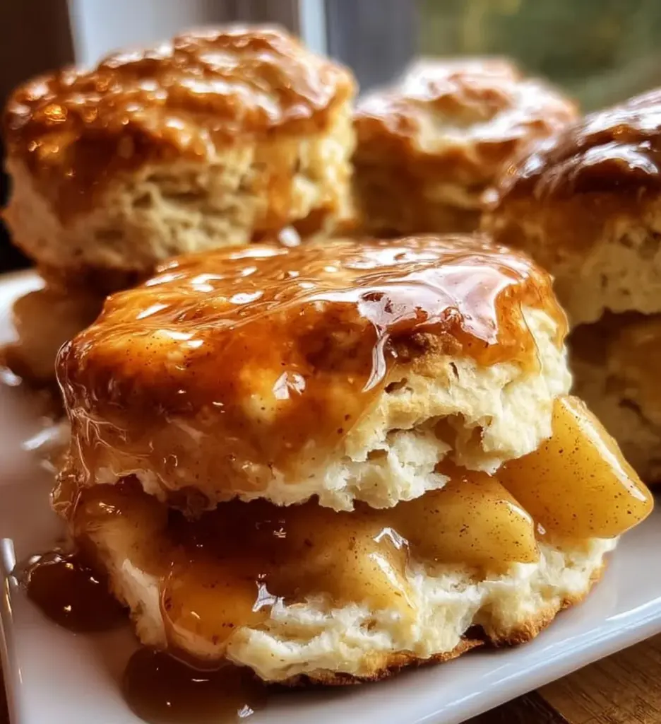 Apple pie biscuit sandwiches served on a plate with cinnamon and apple slices.