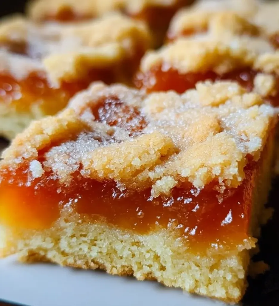 Delicious apricot shortbread bars topped with apricot filling on a wooden table.