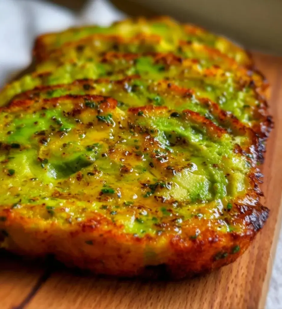 Sliced Avocado Cottage Cheese Bread served on a wooden board