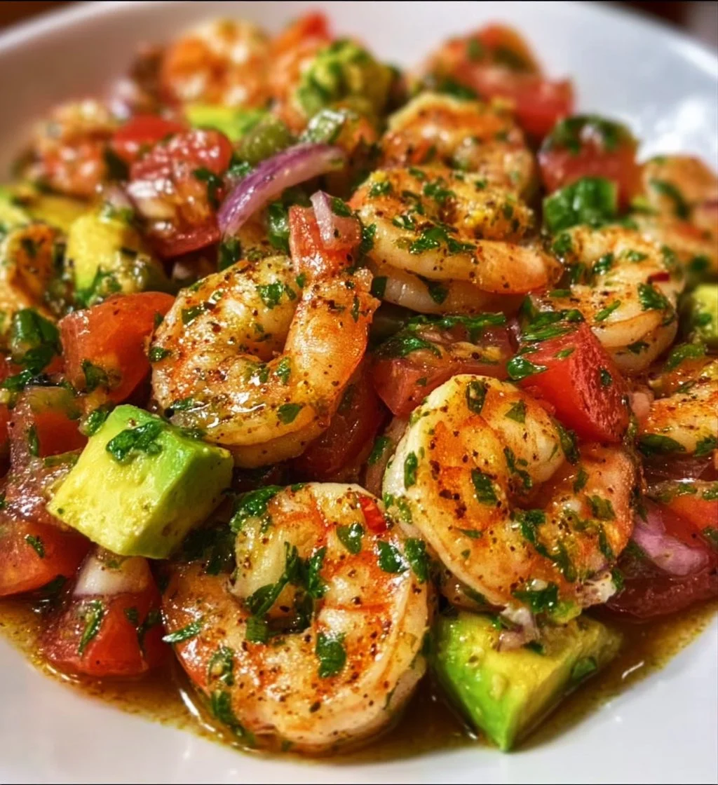 Delicious avocado salsa shrimp salad garnished with fresh herbs