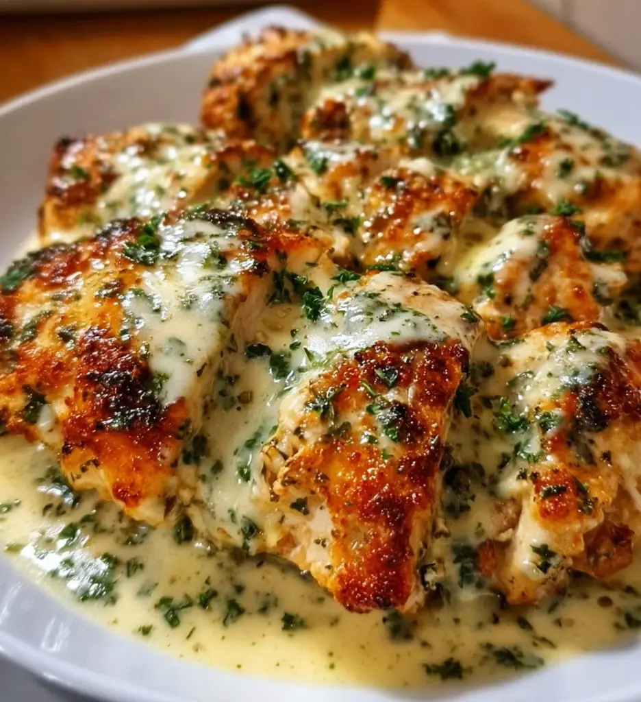 Baked Caesar Chicken topped with creamy Parmesan sauce on a plate
