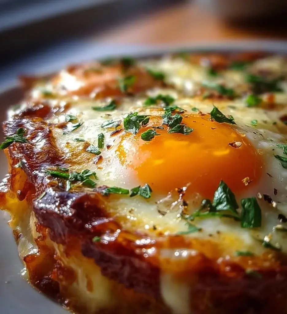 Delicious Baked Eggs Napoleon served in a rustic dish with herbs and toast