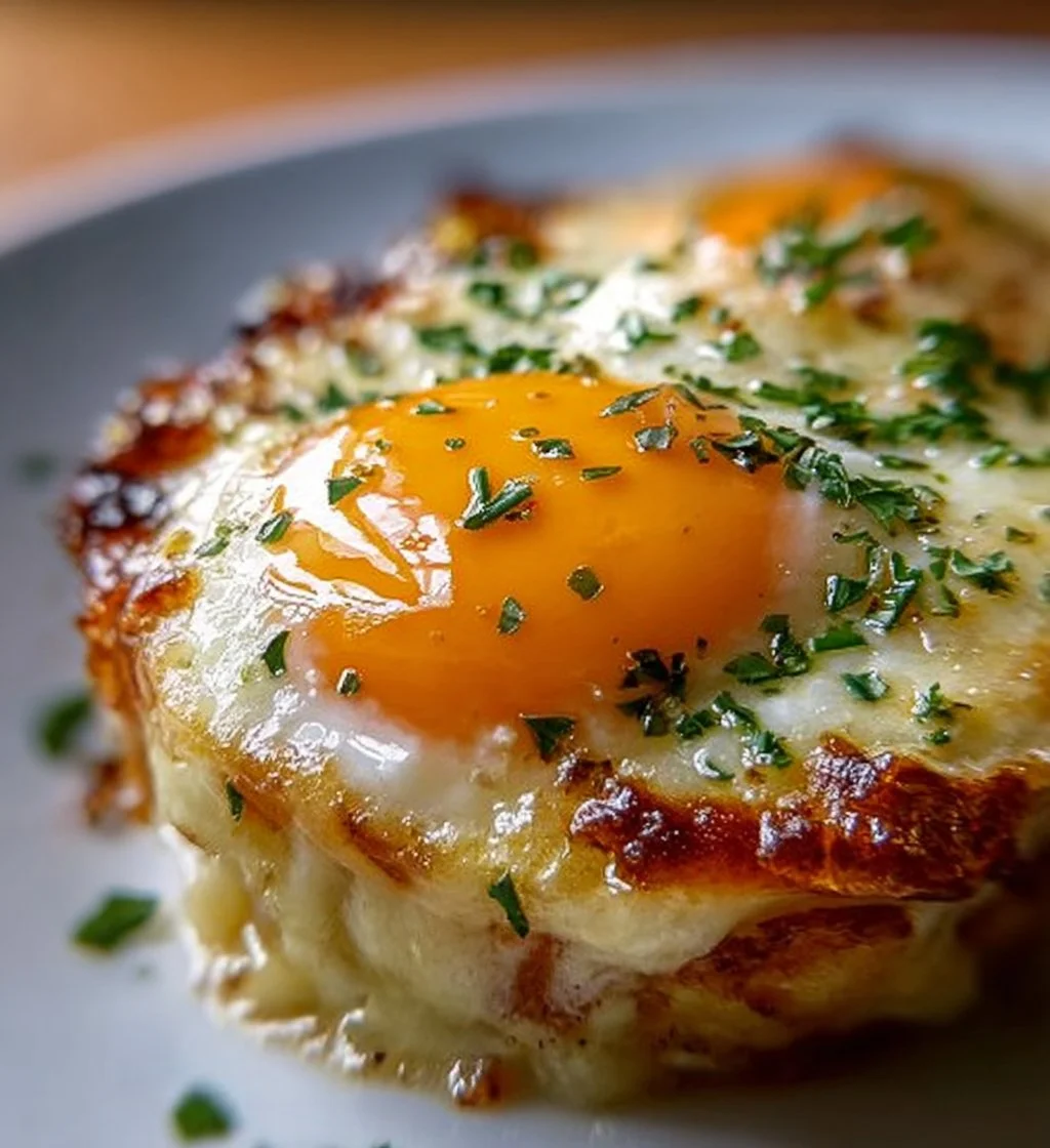 Delicious Baked Eggs Napoleon topped with fresh herbs and cheese.