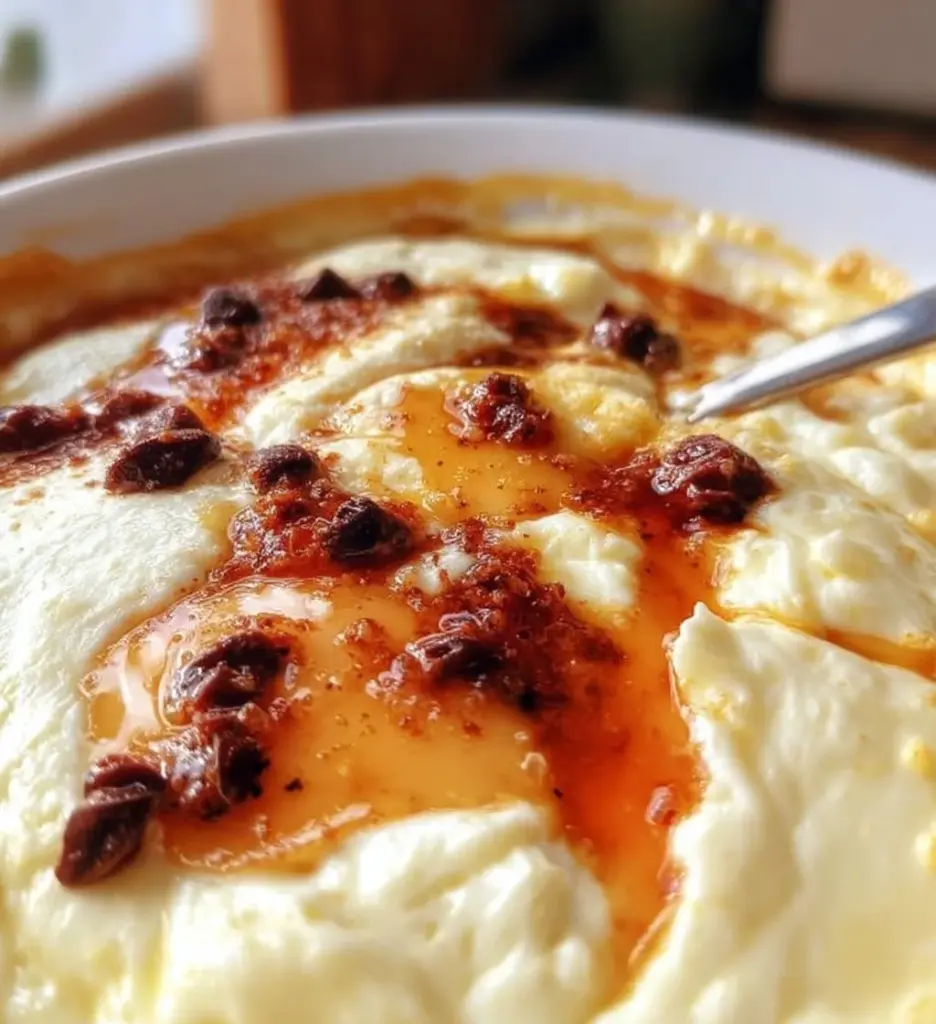 Baked Greek yogurt topped with fruit and nuts on a plate.