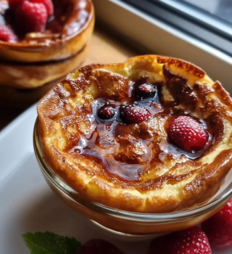 Baked protein pancake bowls topped with fresh fruits and nuts