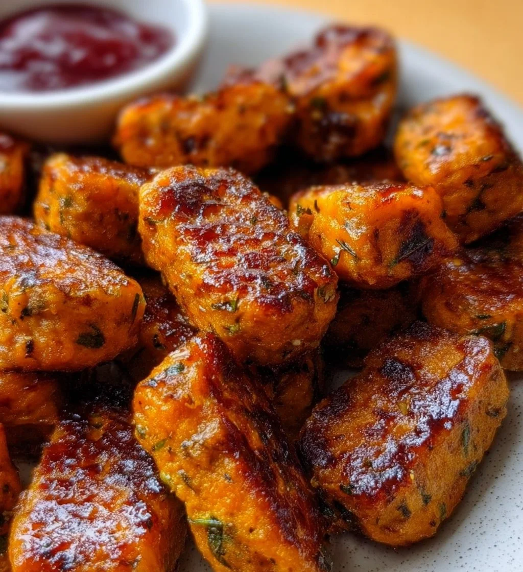 Baked sweet potato zucchini tots fresh out of the oven on a plate