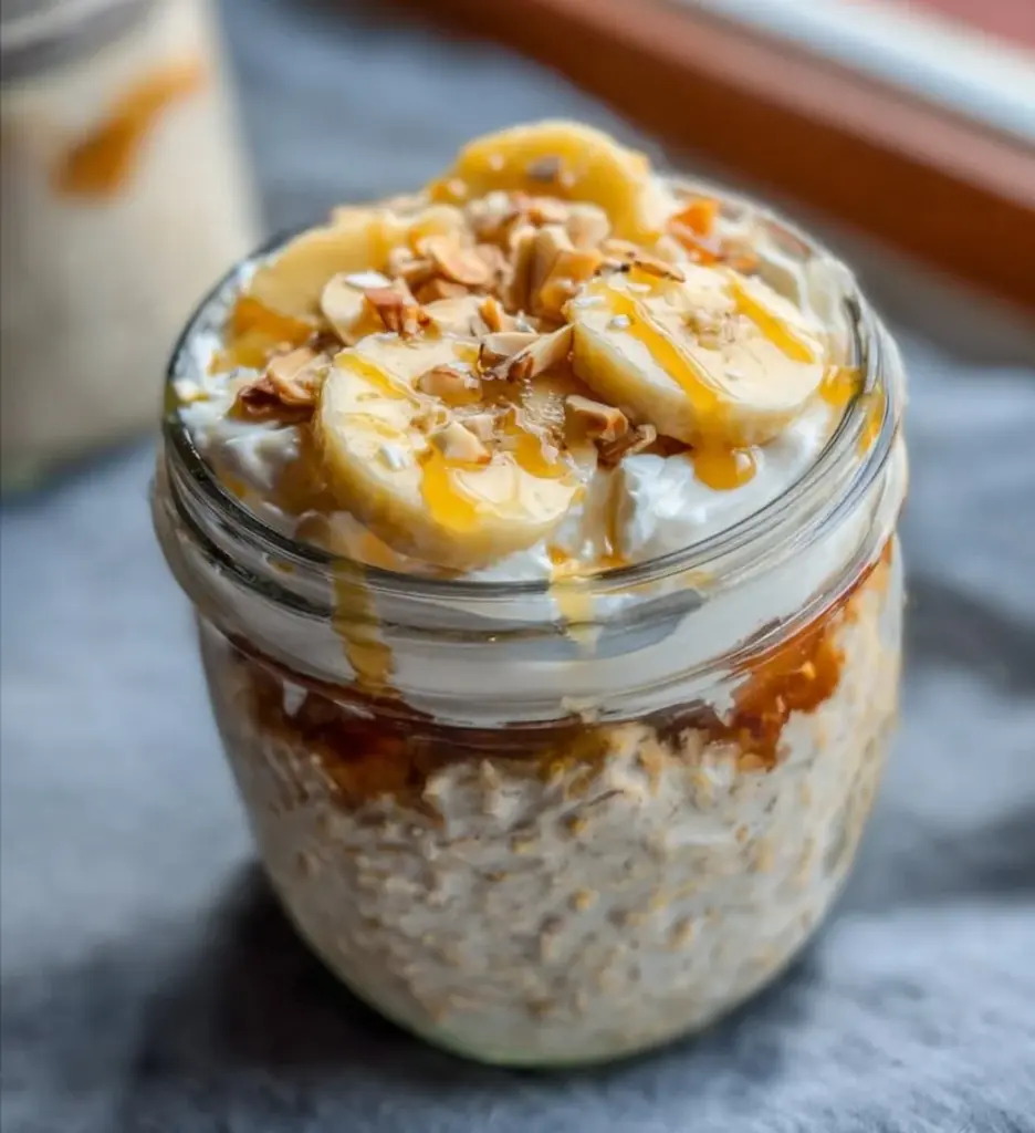Banana Cream Pie Overnight Oats in a bowl topped with banana slices and whipped cream