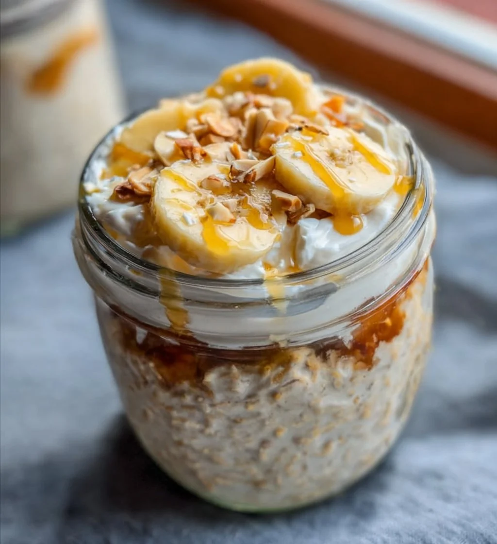 Banana Cream Pie Overnight Oats in a bowl topped with banana slices and whipped cream