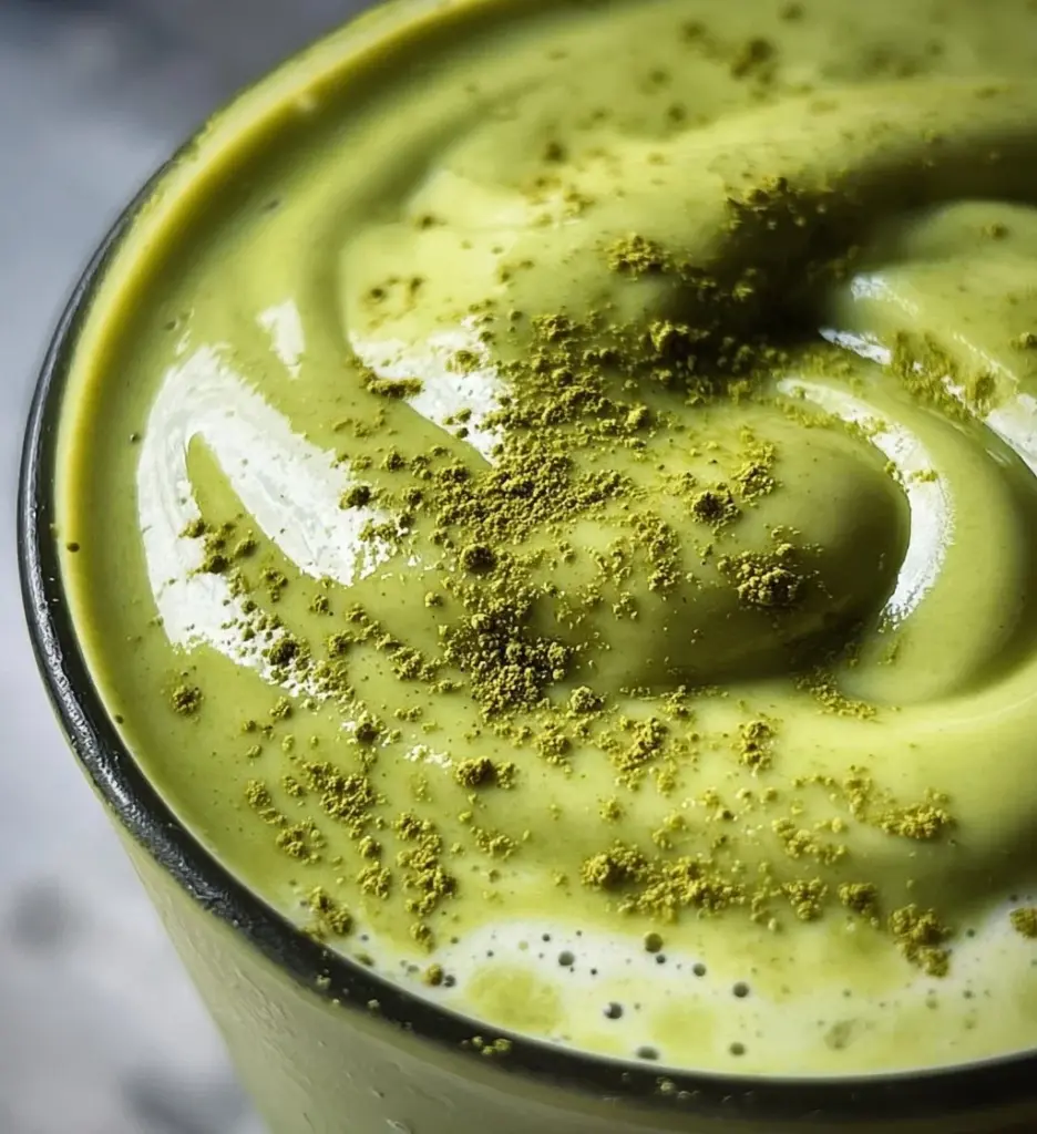 Delicious Banana Matcha Smoothie in a glass with banana slices and matcha powder