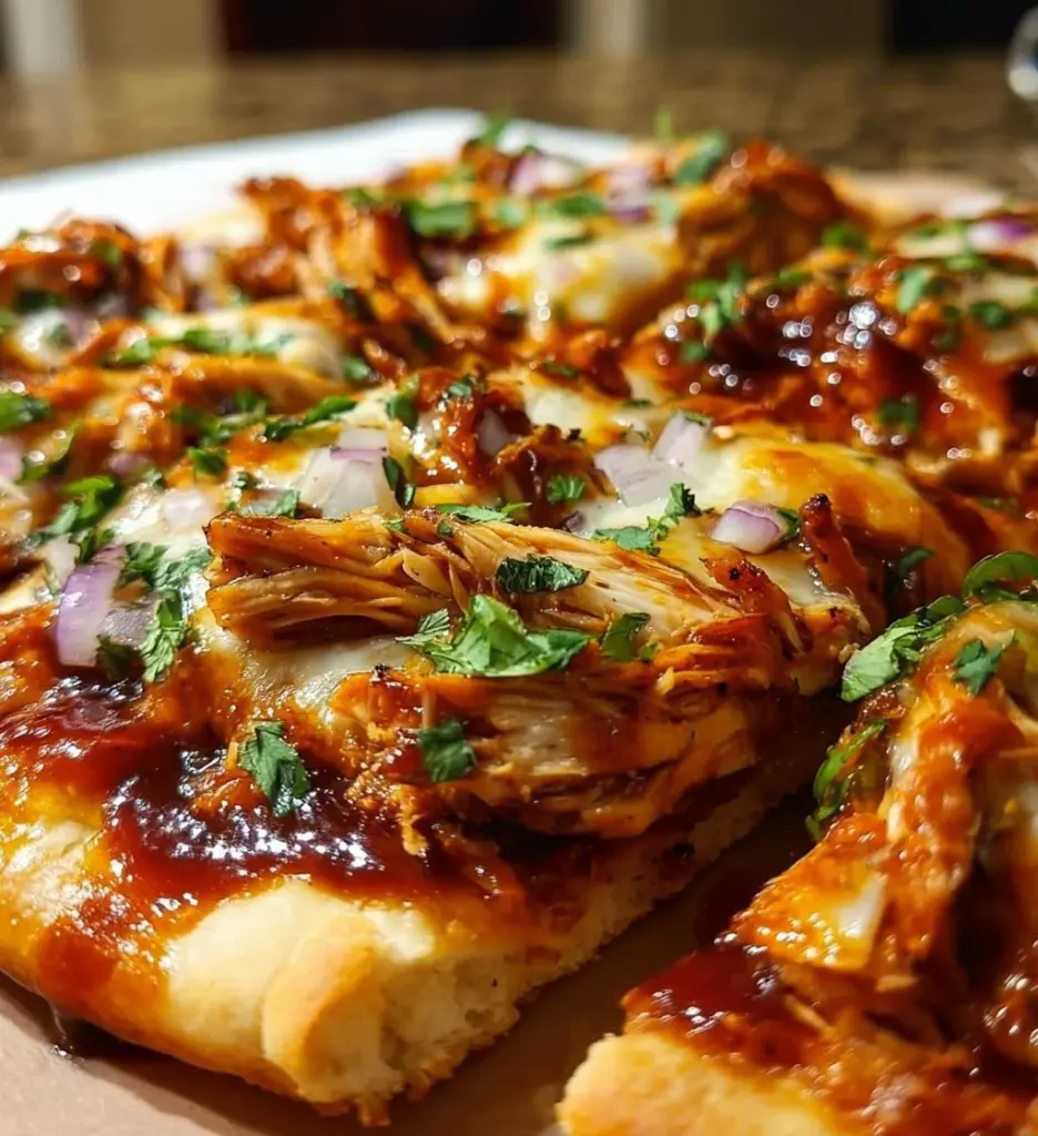Delicious BBQ chicken flatbread with fresh toppings and herbs