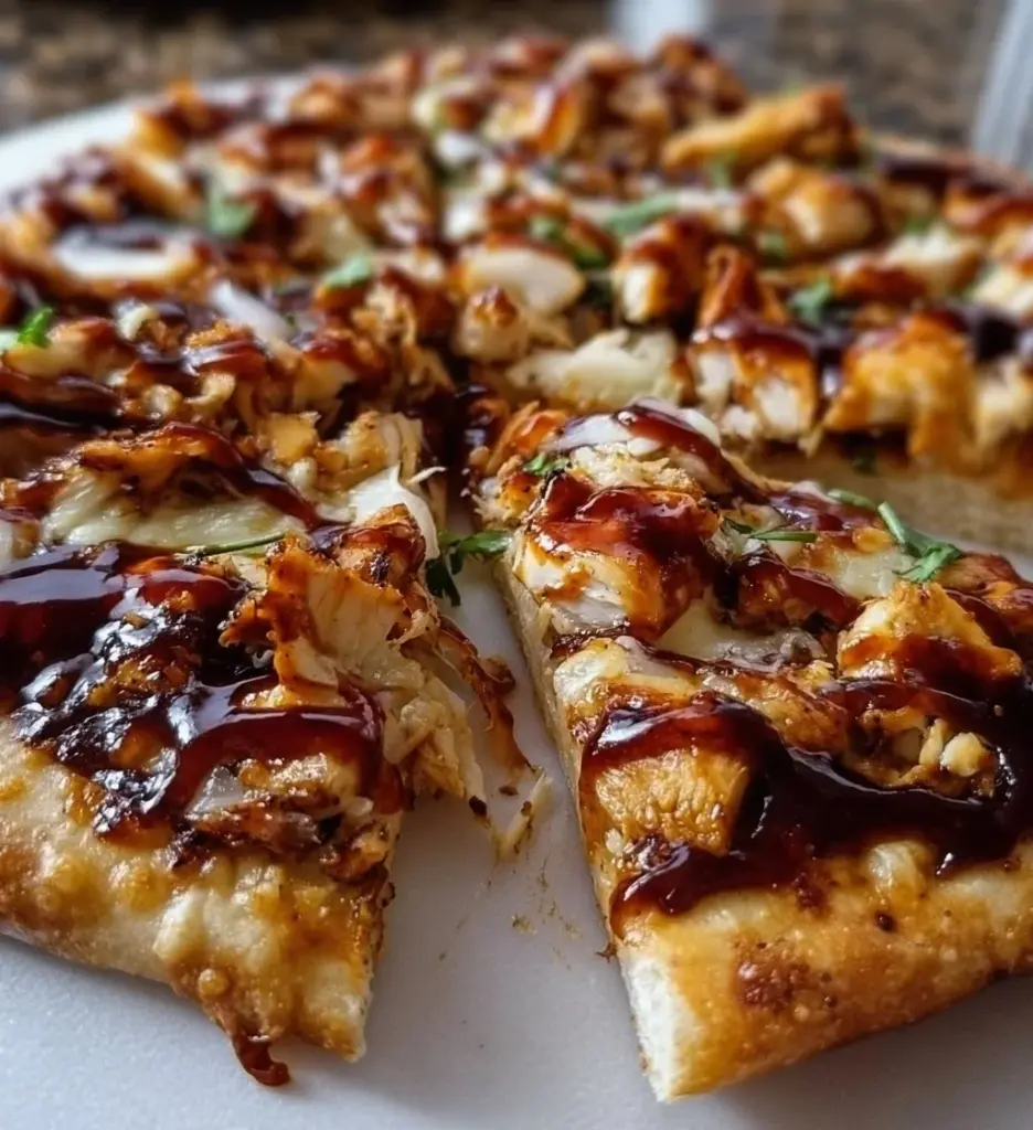 Delicious BBQ chicken flatbread topped with fresh ingredients and herbs.