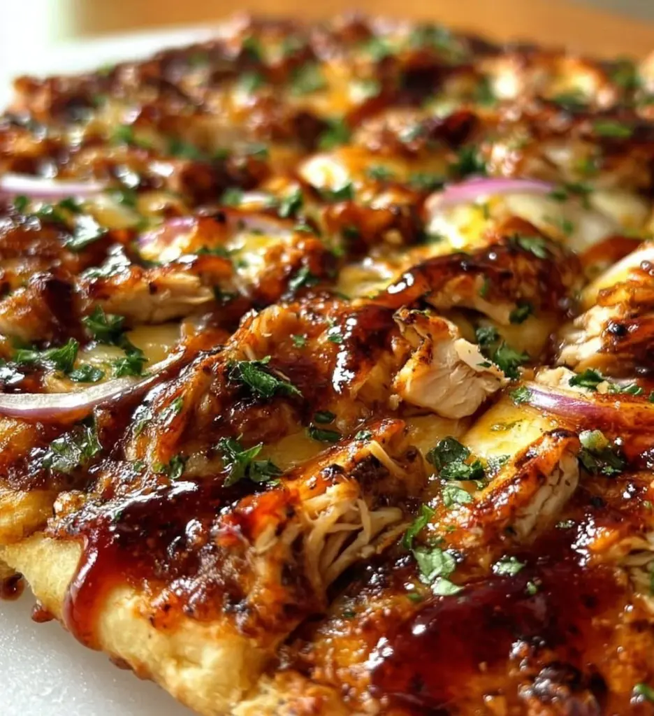 BBQ chicken flatbread topped with fresh ingredients and herbs