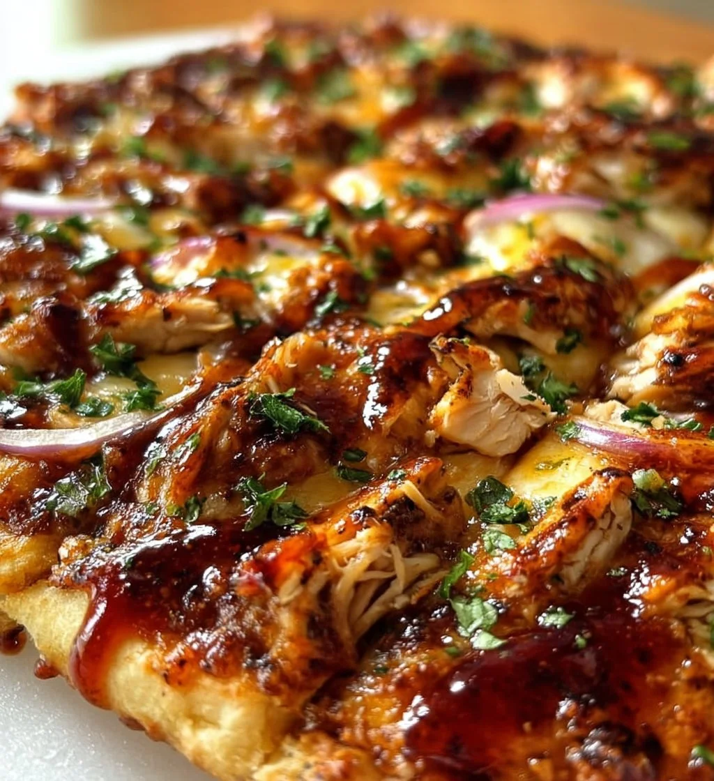 BBQ chicken flatbread topped with fresh ingredients and herbs