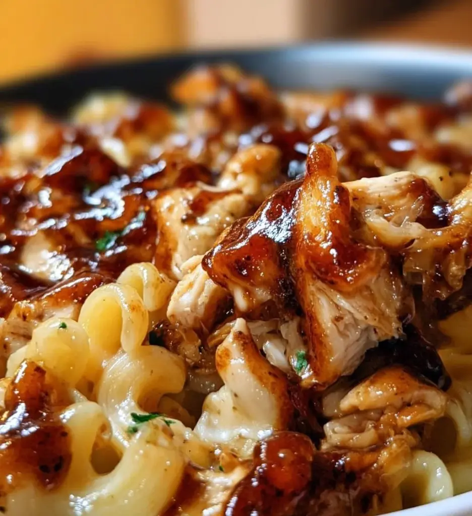 Delicious BBQ Chicken Mac and Cheese topped with smoky chicken and cheese