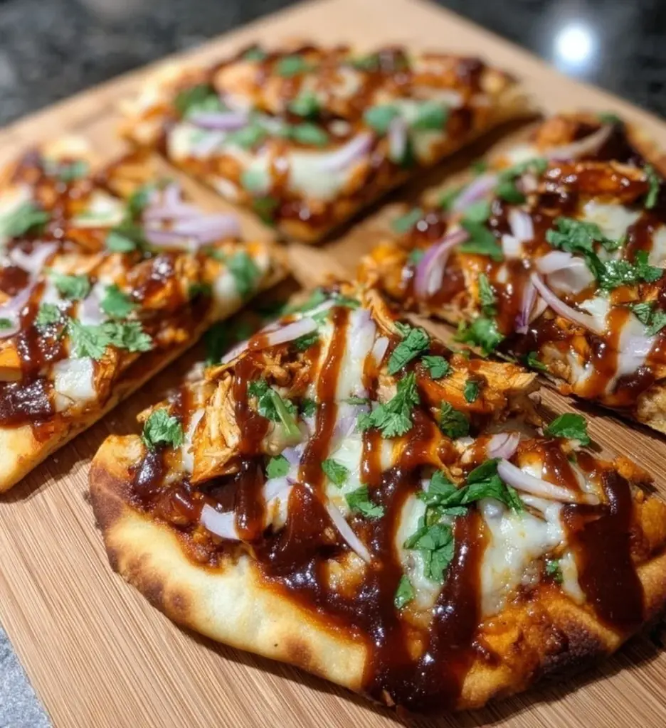BBQ Chicken Naan Pizza topped with cheese and herbs, a delicious fusion dish.