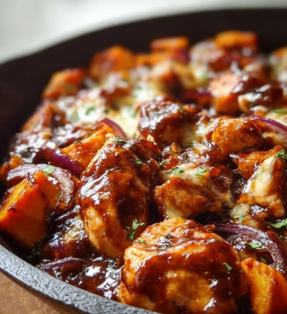 BBQ chicken sweet potato skillet dish in a pan for an easy dinner