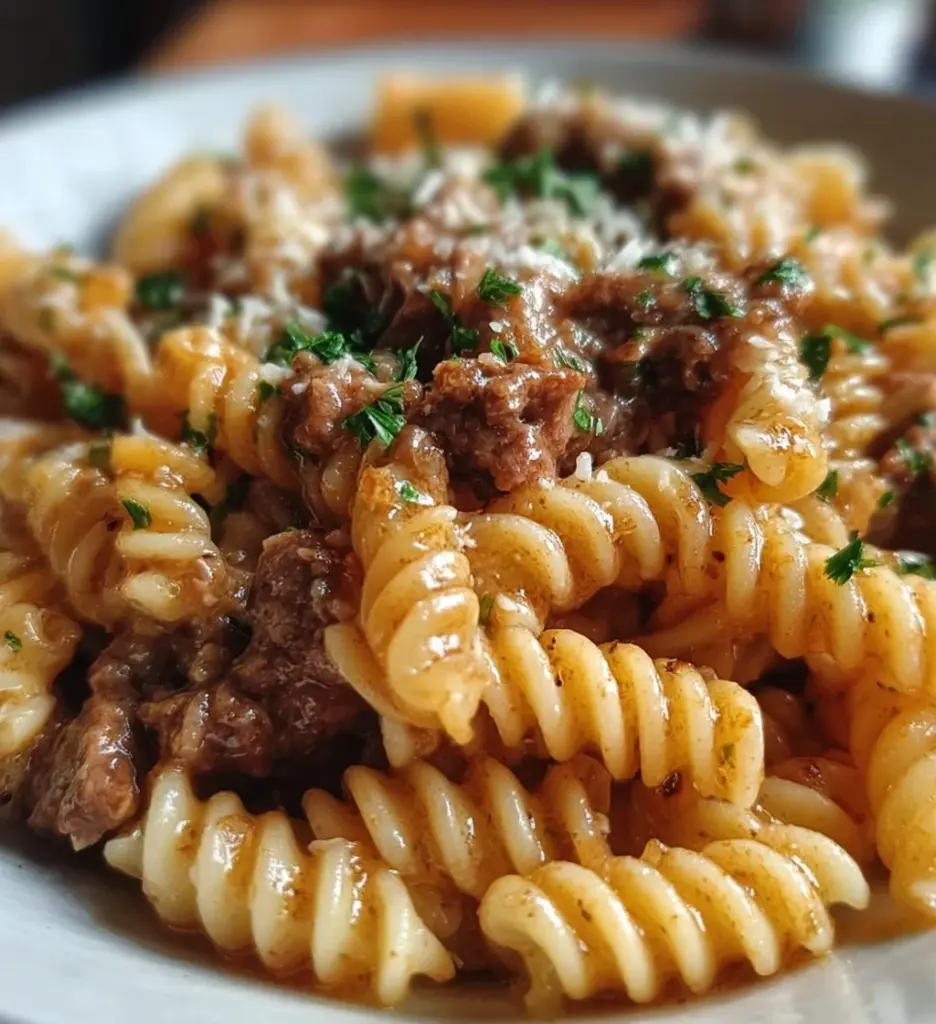 Dish of Beef and Rotini in Garlic Parmesan Sauce garnished with herbs
