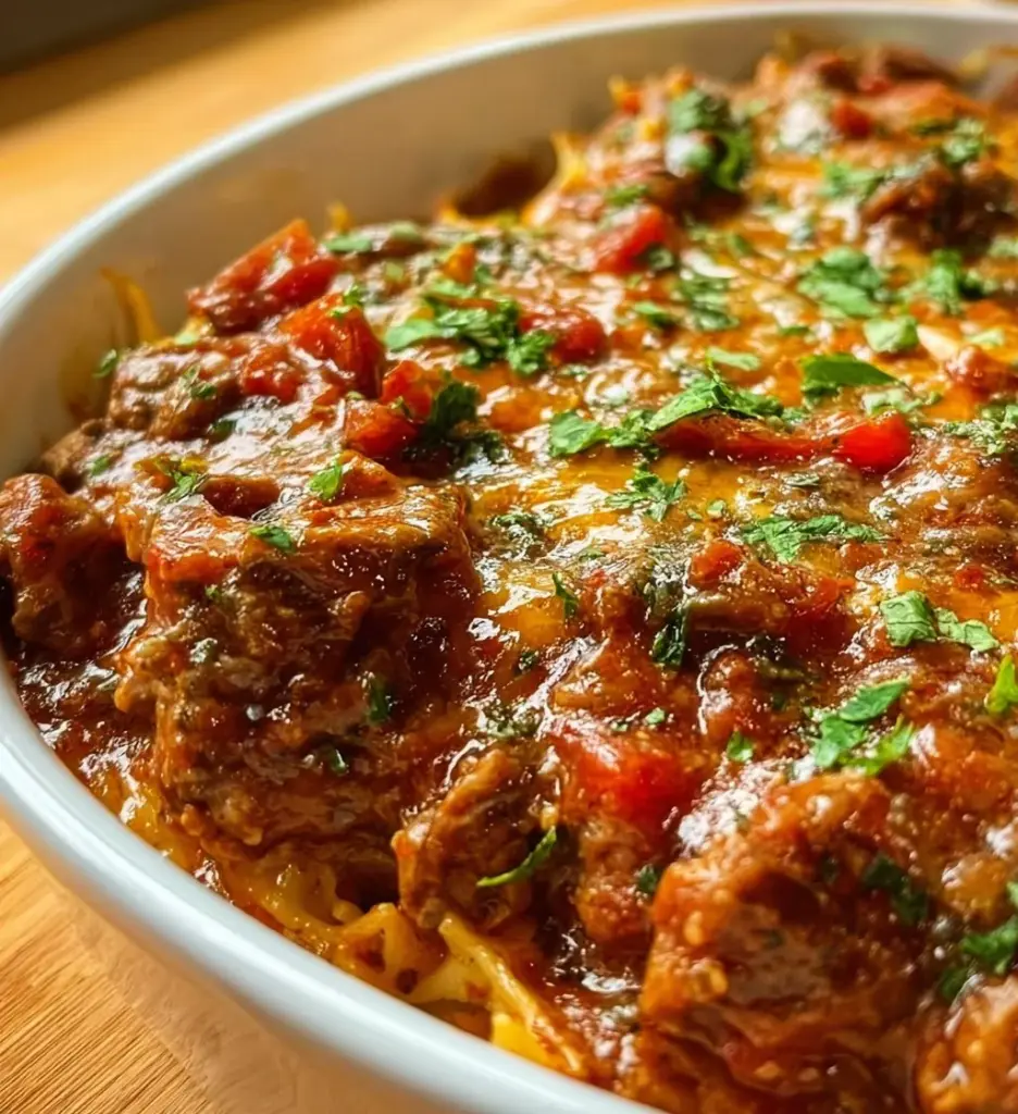 Delicious Beef Lombardi casserole topped with cheese and herbs