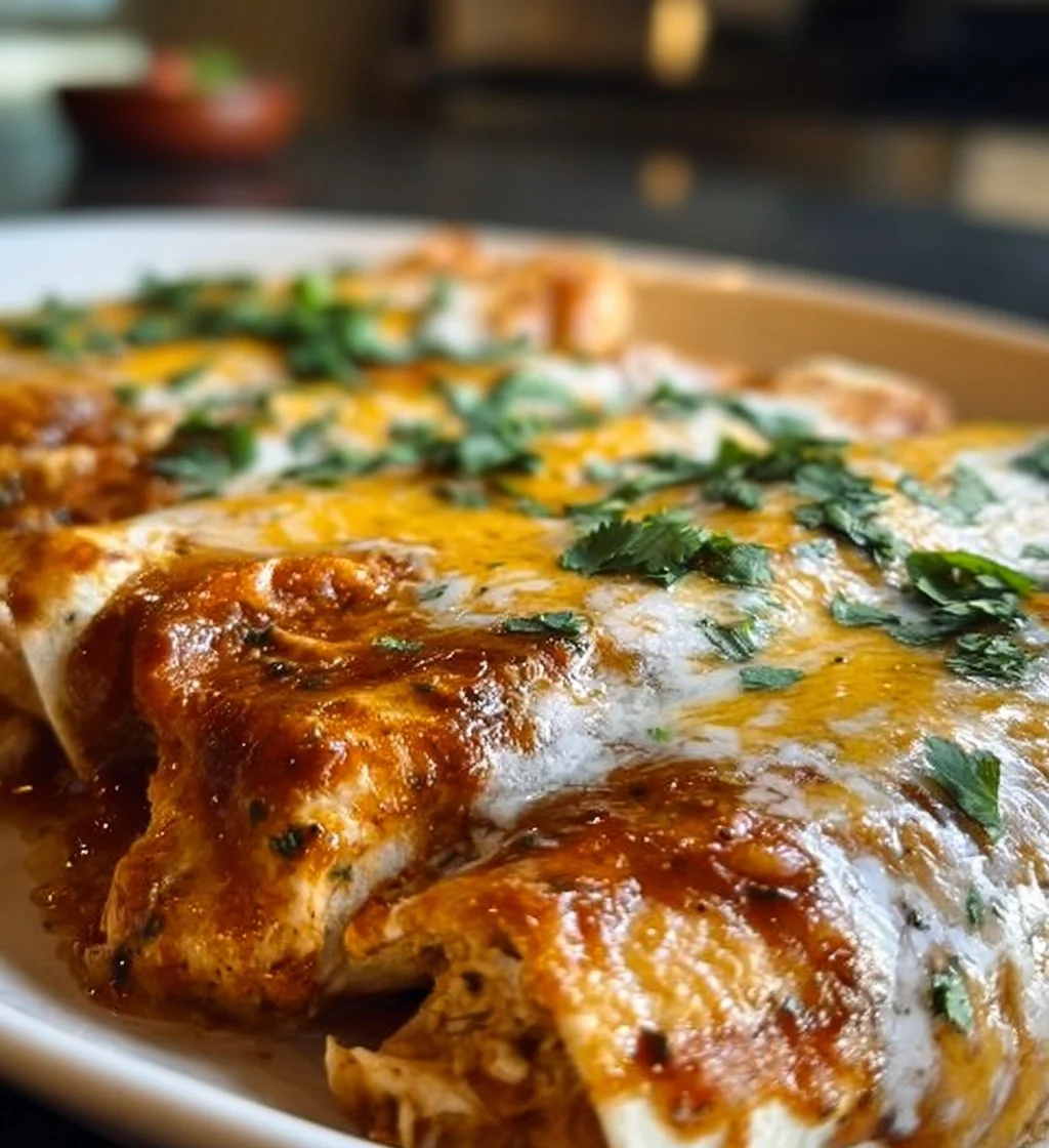 Plate of delicious high protein chicken enchiladas topped with cheese and garnished with cilantro