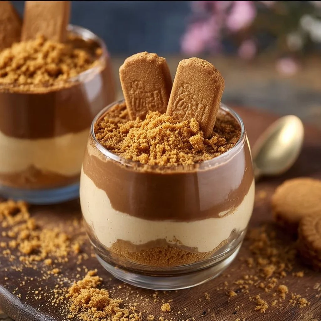 Delicious Biscoff Mousse dessert served in a glass topped with cookie crumbles