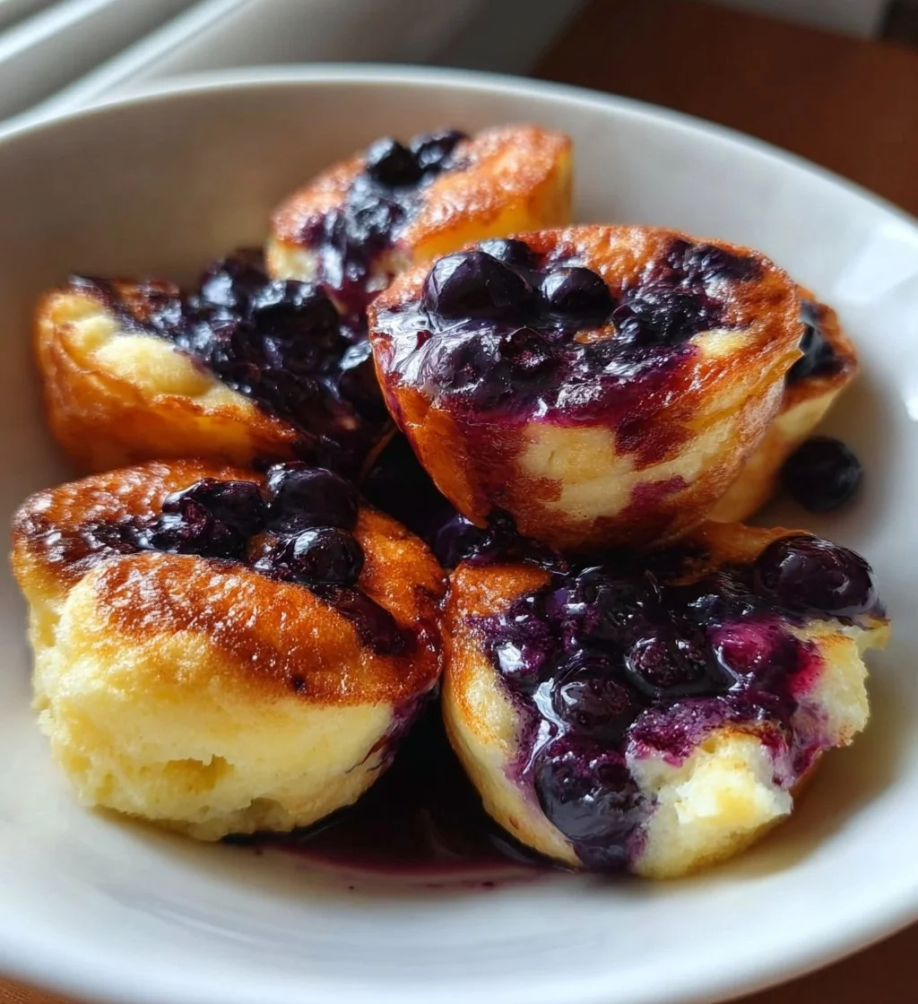 Blueberry cottage cheese pancake bites on a plate ready to serve