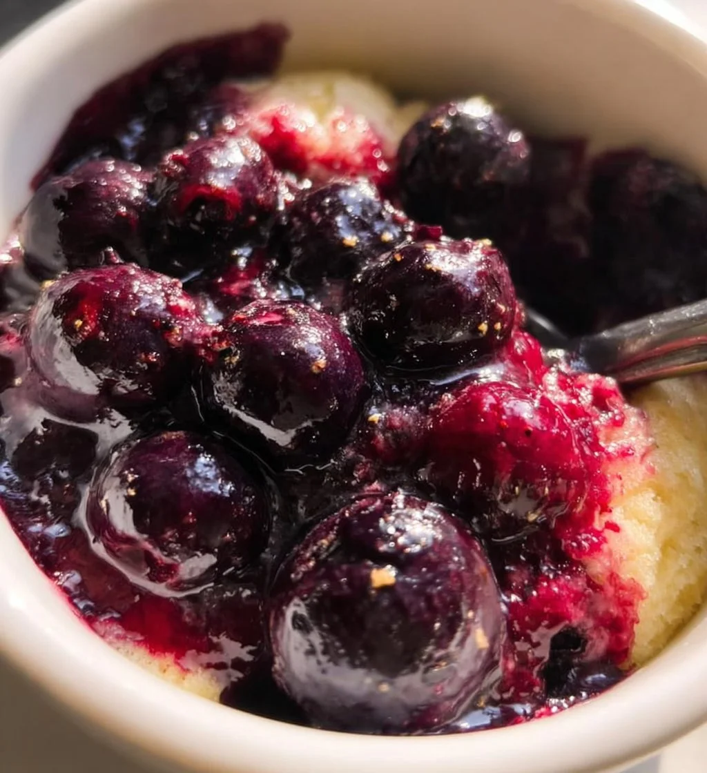 Delicious blueberry mug cake served in a white mug with blueberries on top.
