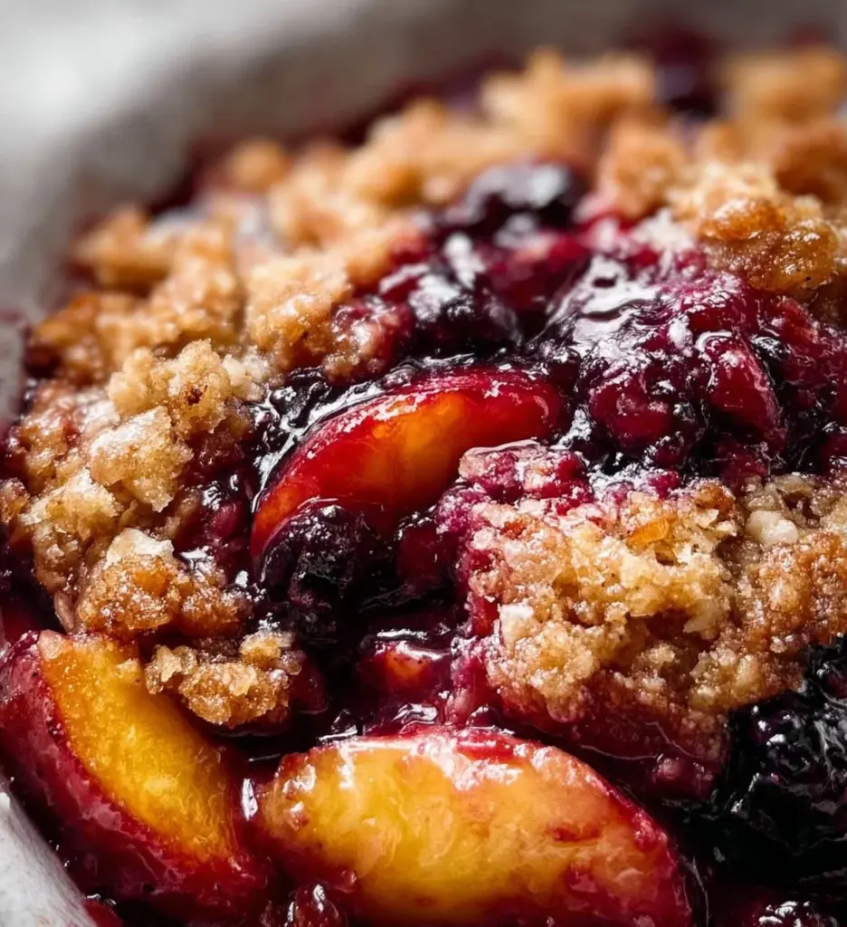 Delicious homemade blueberry peach crumble dessert with a golden crumble topping.