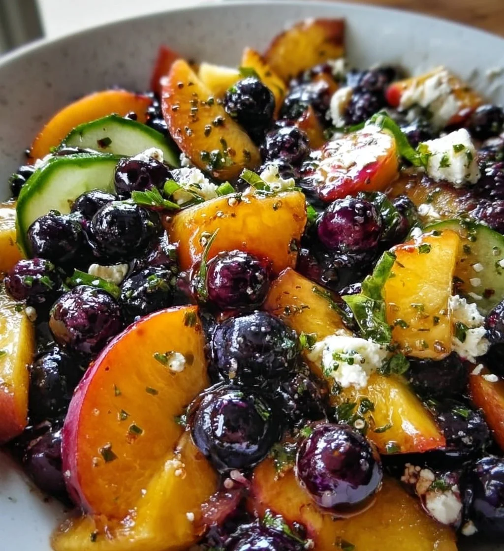 A vibrant Blueberry Peach Feta Salad showcasing fresh ingredients and colors.