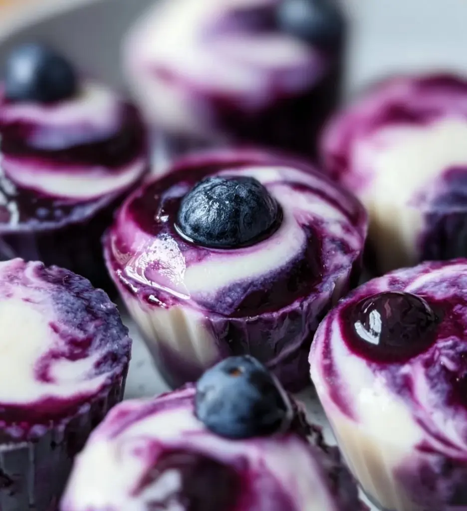 Blueberry swirl yogurt bites in a bowl, perfect for a tasty and healthy snack.