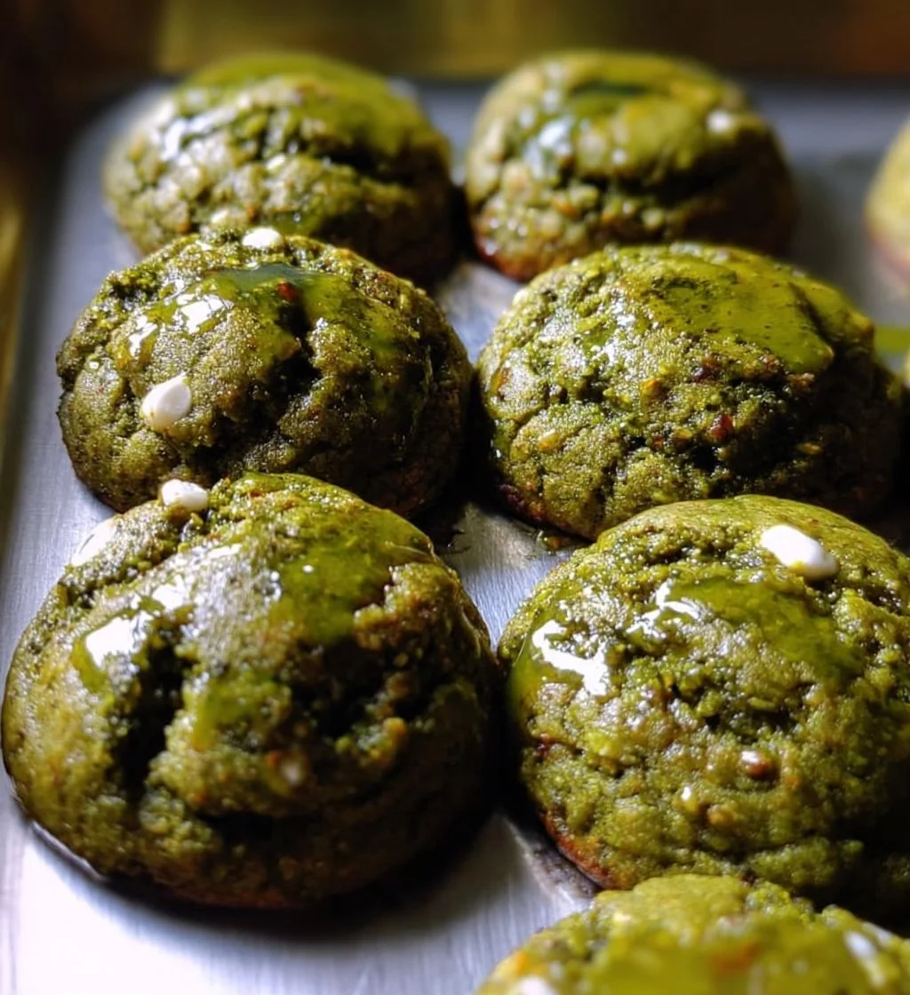 Brown Butter Matcha Cookies on a plate with green tea