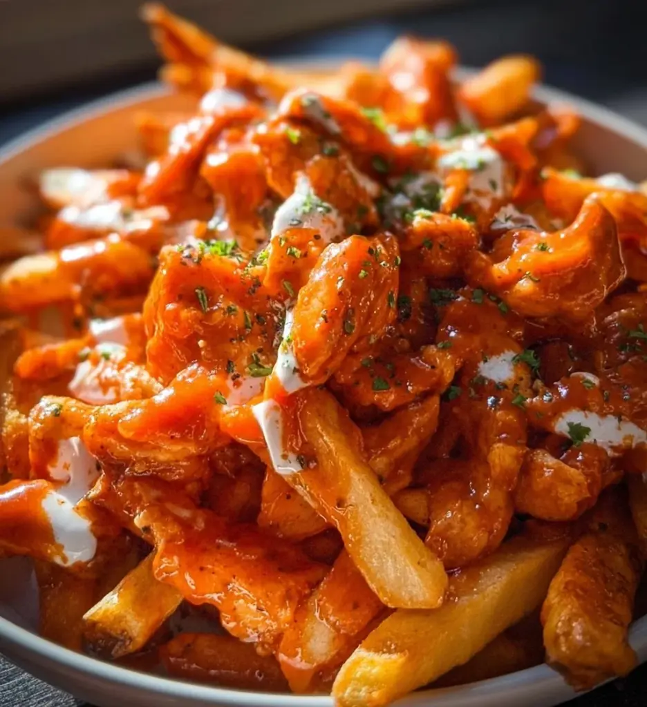 Delicious Buffalo Chicken Fries topped with cheese and sauce.