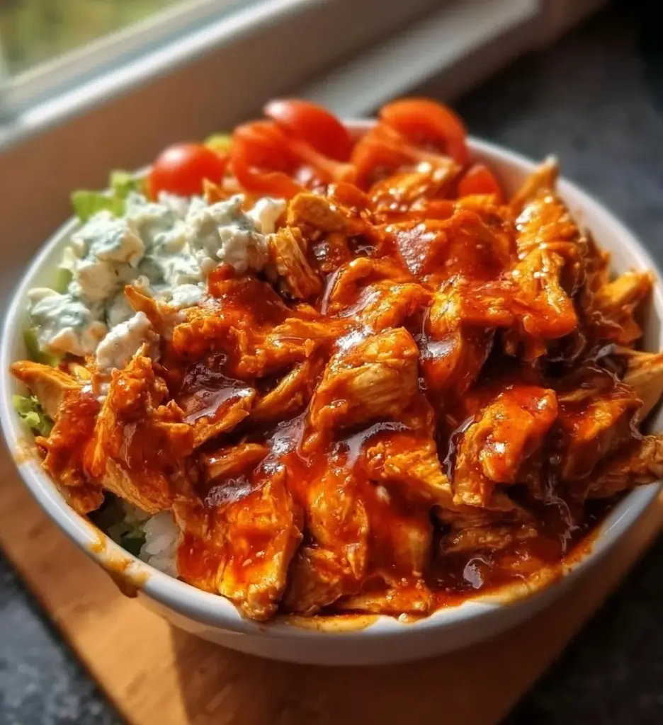 Delicious Buffalo Chicken Protein Bowl with fresh ingredients and flavor.