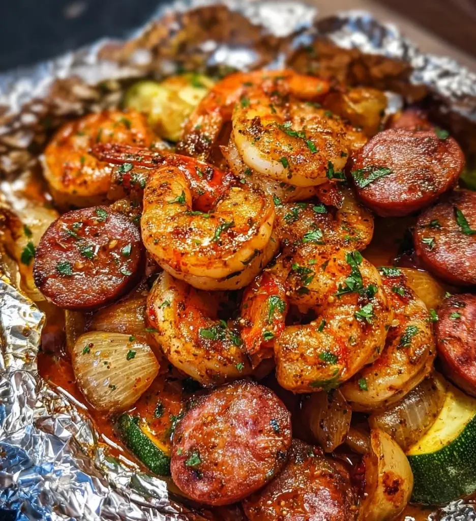 Cajun shrimp and sausage foil packs ready for grilling.