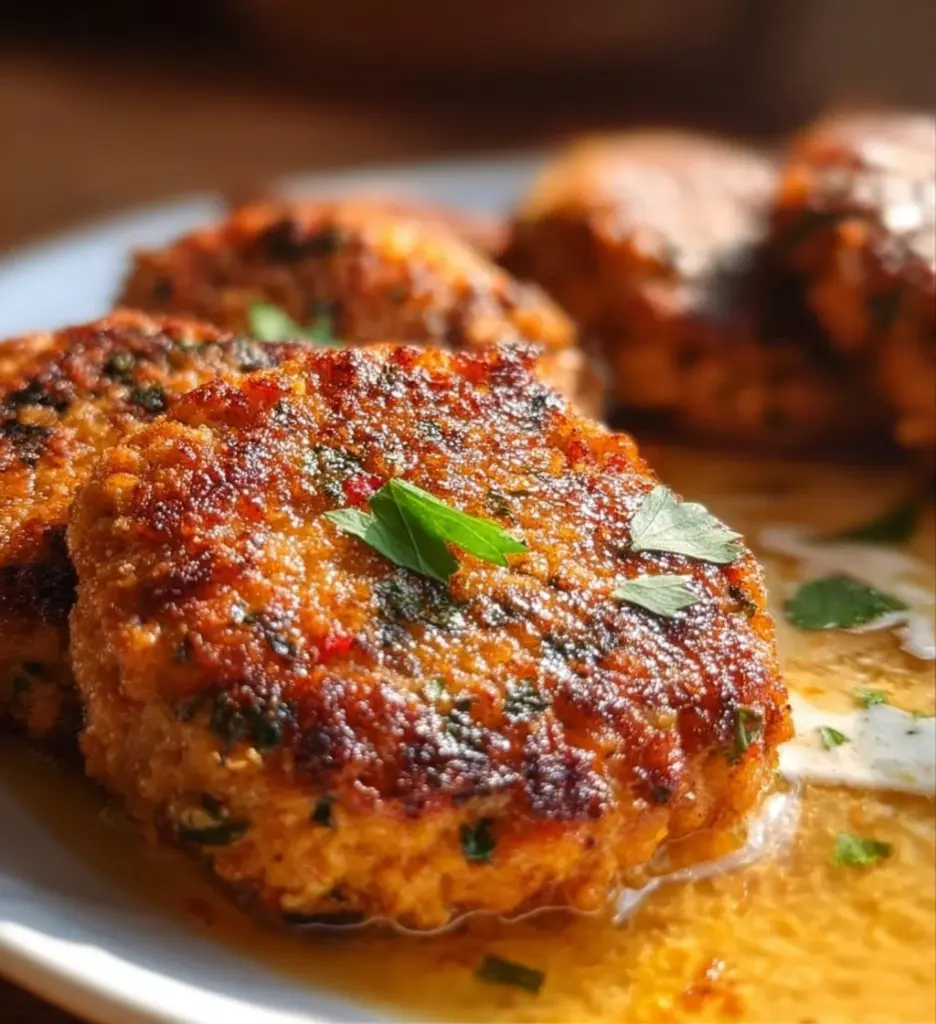 Canned salmon patties served on a plate with fresh herbs.