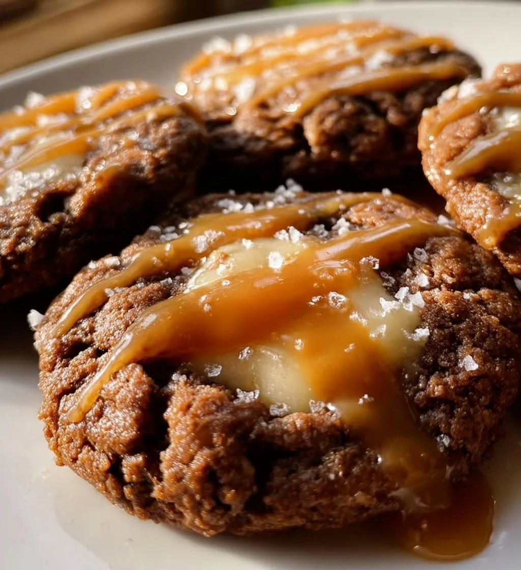Cheesecake cookies with caramel drizzled on top, freshly baked and delicious.