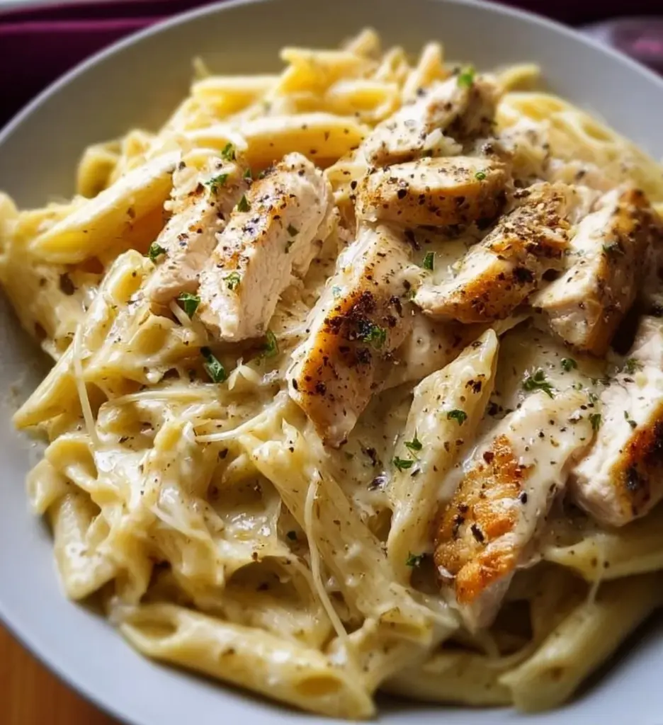 Cheesy One-Pot Chicken Alfredo Pasta garnished with parsley